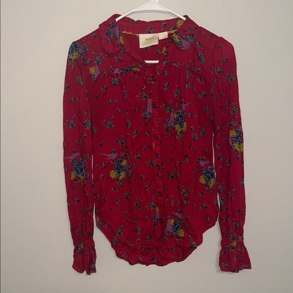 Maeve Anthropologie Red Floral Birds Button-Up Blouse - size 2. B8 - Picture 1 of 5
